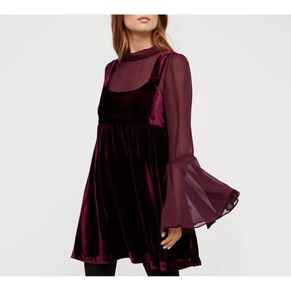 Free People Velvet Babydoll Mini Dress in Plum